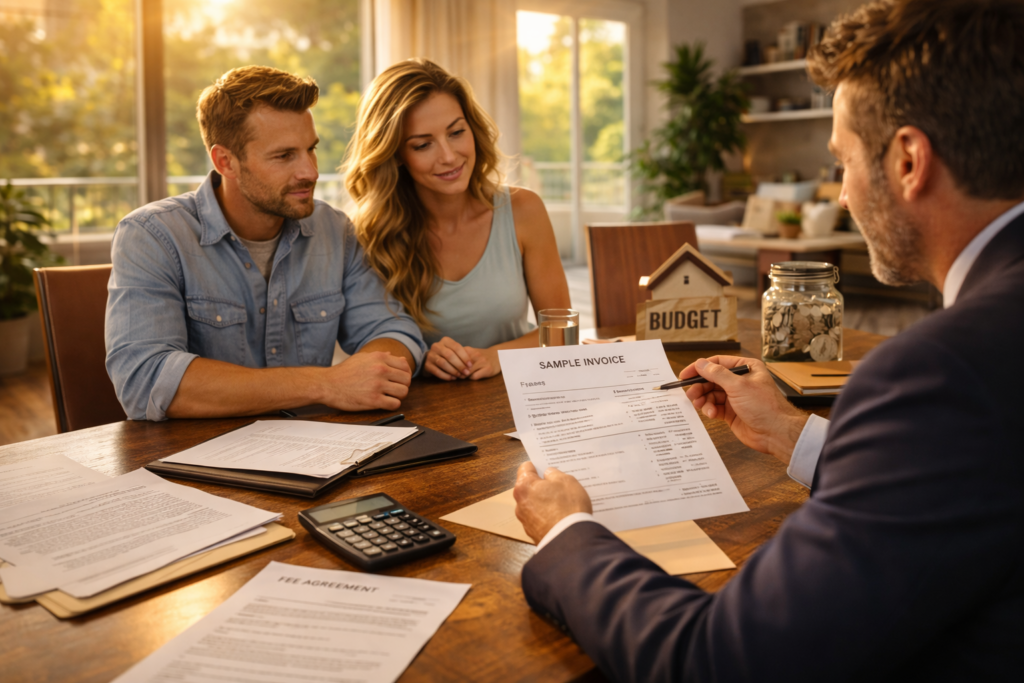 A couple reviews a sample invoice with a Texas family law attorney in a warm, sunlit office, surrounded by documents, a calculator, and a small budget sign on the table.