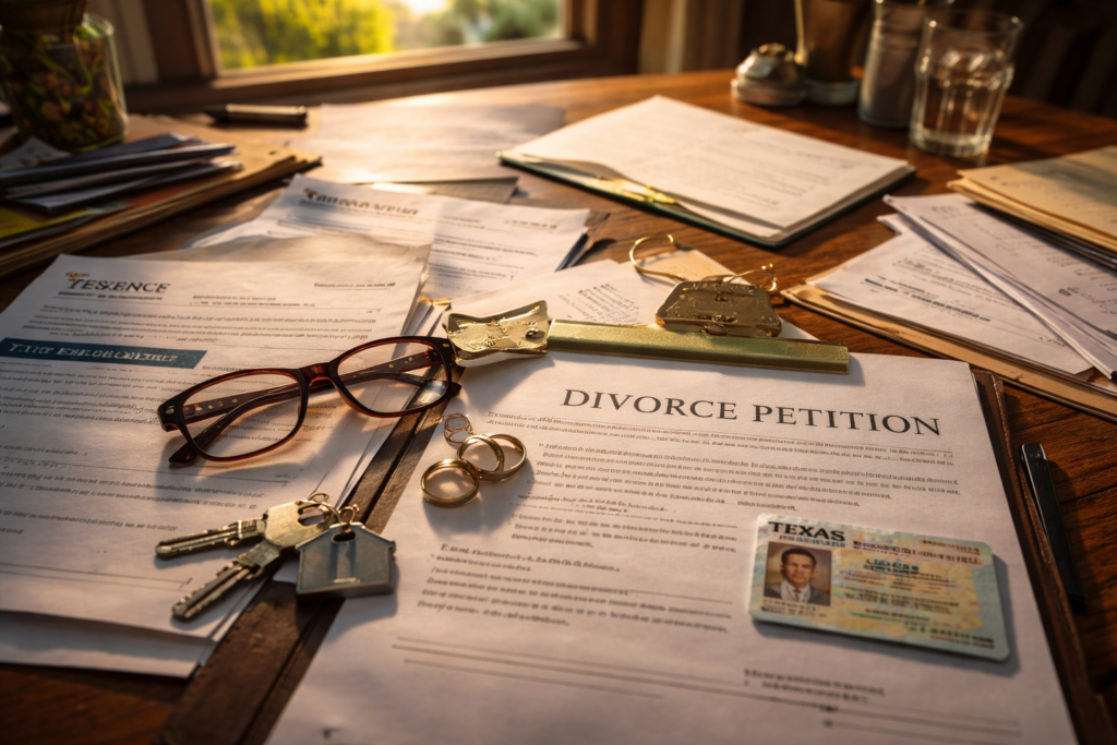 The image depicts a cluttered desk featuring legal documents related to divorce proceedings, a Texas driver's license, and several utility bills, indicating the necessary paperwork for filing for divorce under Texas law. This arrangement suggests a focus on residency requirements and potential child custody issues in a family law case.