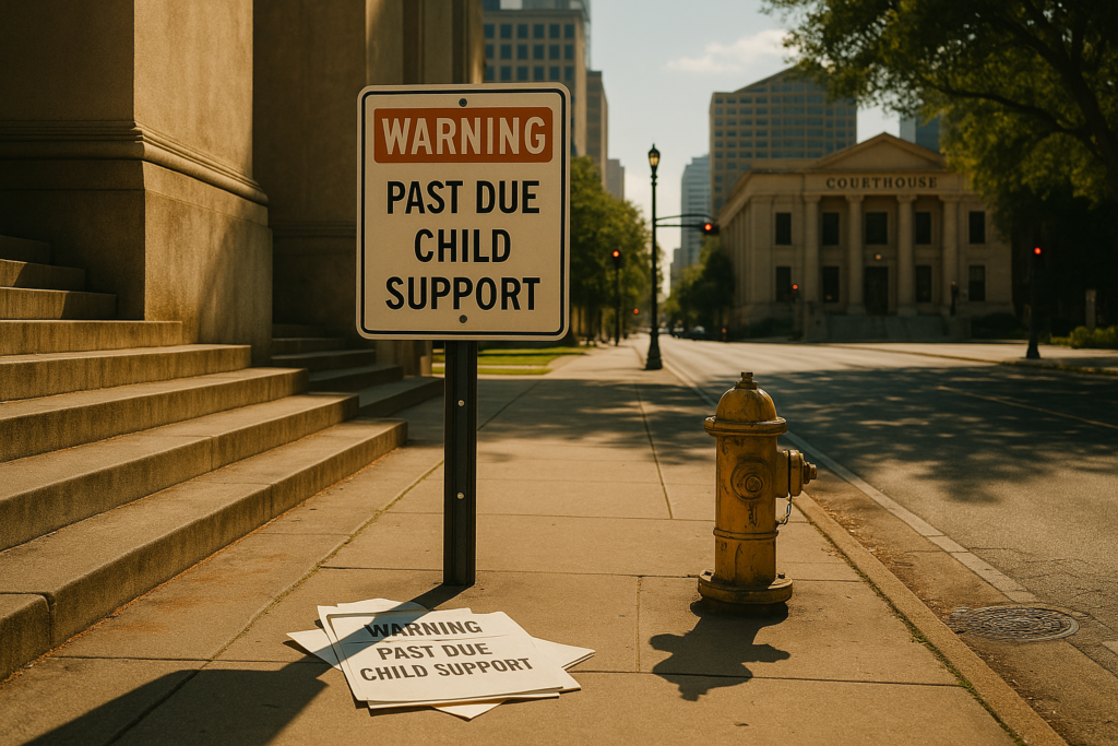A wide-angle view of a Texas courthouse in summer sunlight with a sidewalk sign reading “Warning: Past Due Child Support” and scattered notices on the ground, symbolizing the immediate legal consequences of unpaid child support in Texas.