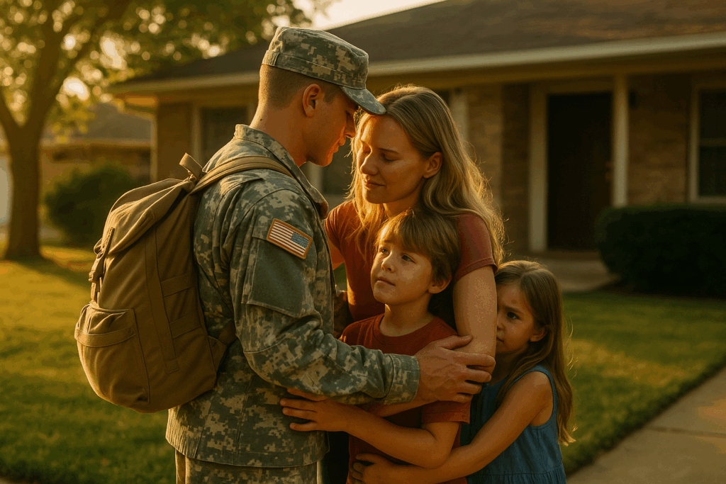 The image depicts a service member from the United States Armed Forces saying goodbye to their family before deployment, capturing the emotional moment of family separation as they prepare for active military service. The scene highlights the sacrifices made by military personnel and the impact of federal law and Texas state law on family dynamics during military duty.