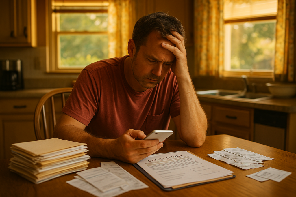 A worried Texas father sitting at a kitchen table reviewing bills, a court order, and a text message, illustrating the stress of child support issues before seeking a free consultation with a Texas family law attorney.