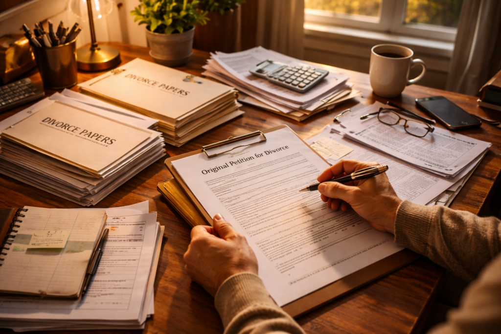 A person is seen organizing a variety of legal documents related to the divorce process at a home office desk, including divorce papers and financial documents. The cluttered workspace suggests preparation for filing for divorce in Texas, highlighting the importance of having all necessary paperwork completed correctly for an uncontested divorce or family law case.