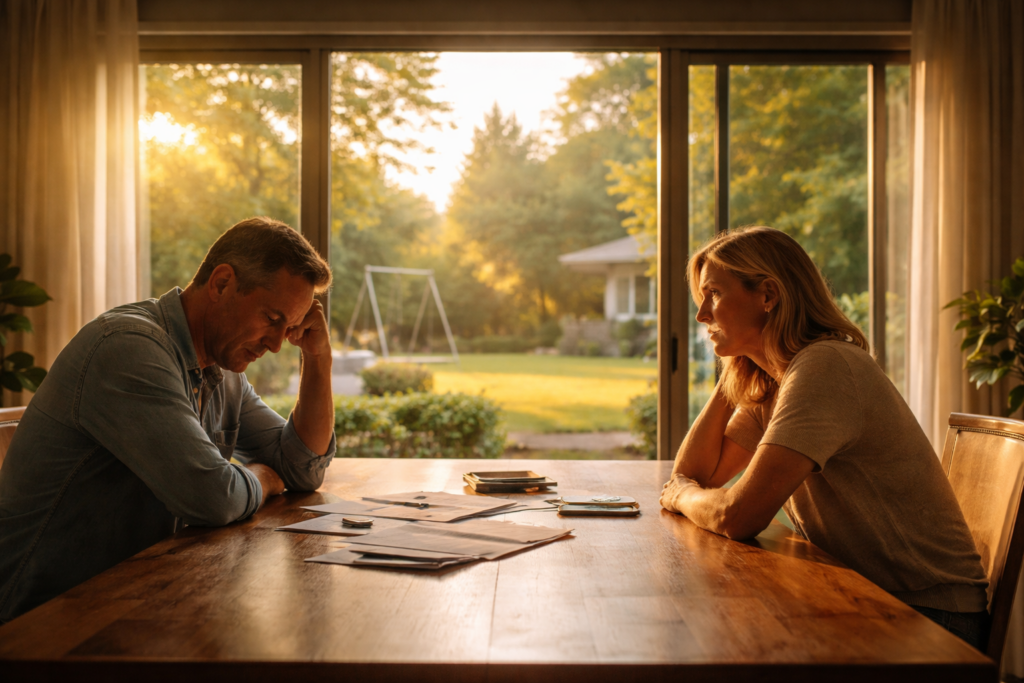 A couple sits at a dining table during a quiet, emotional moment at home, reviewing papers as they consider divorce in Texas.