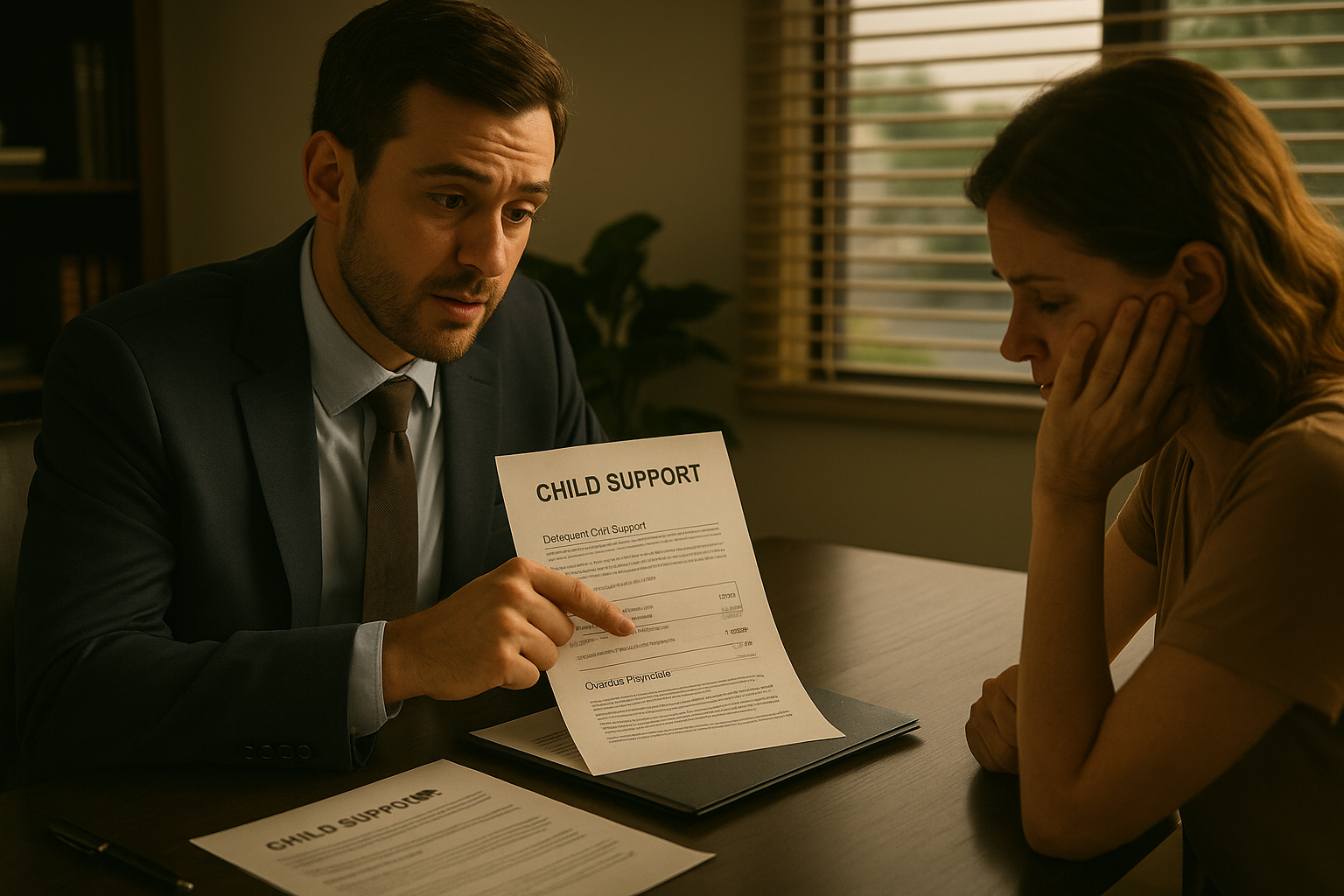 A family lawyer is seated at a desk, attentively explaining legal documents to a concerned parent, who appears anxious about their current child support obligations. The lawyer highlights details regarding overdue child support payments and the potential accrual of interest on unpaid child support, ensuring the parent understands their rights and responsibilities under Texas law.