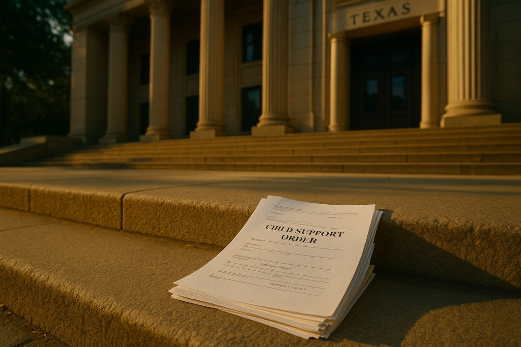 The image depicts the steps of a Texas courthouse, with a stack of legal documents resting on the ground, symbolizing the seriousness of child support matters. These documents may include court orders related to child support payments, emphasizing the importance of fulfilling support obligations for custodial and non-custodial parents.