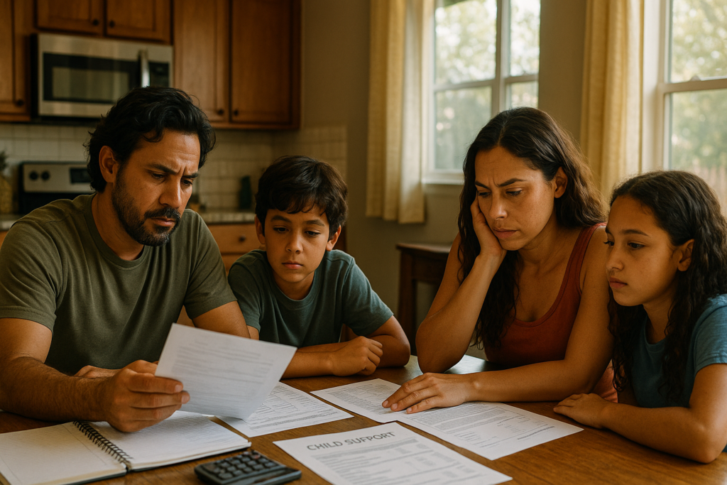 A Texas family with children is seated around a kitchen table, engaged in a serious discussion about financial matters, including child support obligations and potential modifications to their existing child support order. They are reviewing financial records and considering the implications of changed circumstances on their child support payments.