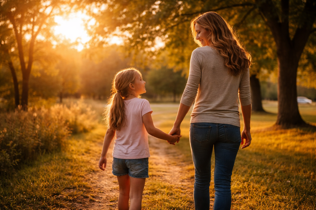 A parent and child walk hand-in-hand through a park at sunset, surrounded by trees and a warm golden light, symbolizing the importance of family and the nurturing relationships that can impact children's futures, especially in matters of child support and custody. The scene reflects a personal connection that is often emphasized by solo practitioners in family law, who provide personalized service and direct communication to their clients.