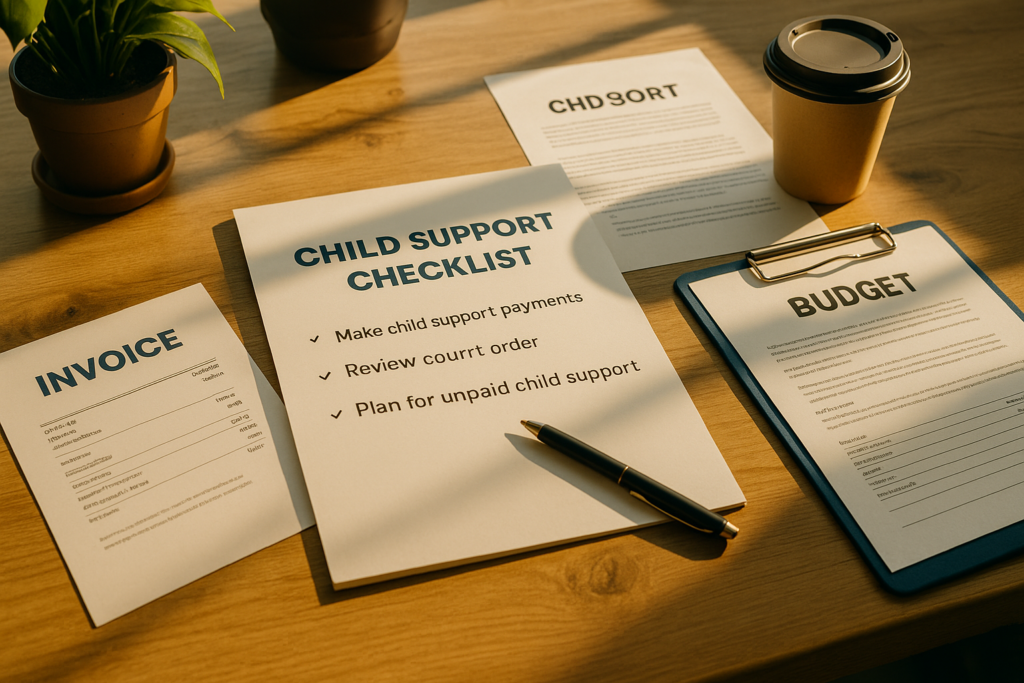 An organized workspace displays financial documents and a checklist for a parent managing their child support obligations. The items include reminders about making child support payments, understanding court orders, and planning for potential unpaid child support situations.