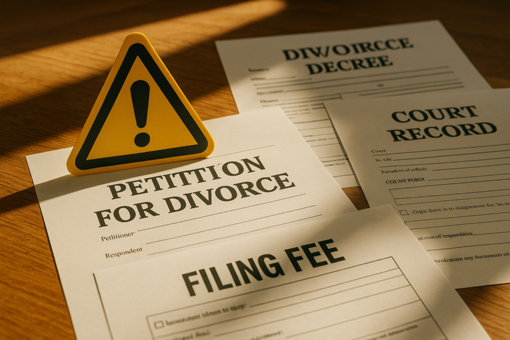 The image features a warning sign or caution symbol prominently displayed in the foreground, with various divorce-related documents like a divorce petition and court forms visible in the background. This visual representation highlights the important legal processes involved in an uncontested divorce in Texas, such as filing fees and the necessary paperwork for a family law case.