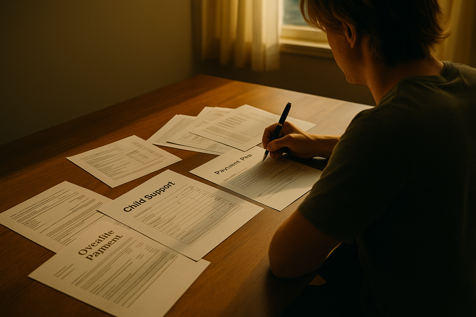 The image depicts a parent sitting at a desk, carefully organizing various financial documents related to their child support obligations. They are creating a payment plan to address overdue child support payments and manage their current child support obligations, reflecting on the financial hardship they face.