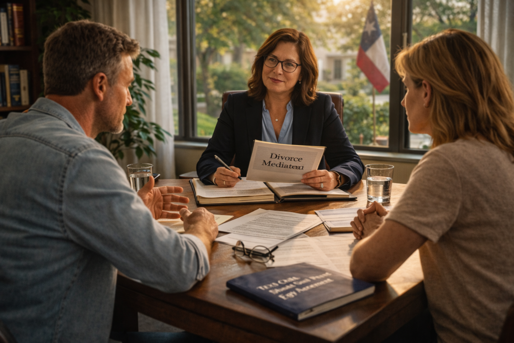 The image depicts two individuals seated at a mediation table, engaged in a discussion facilitated by a professional mediator. This scene represents an essential step in the divorce process, where parties may negotiate terms related to marital property, spousal support, and child support under Texas law.