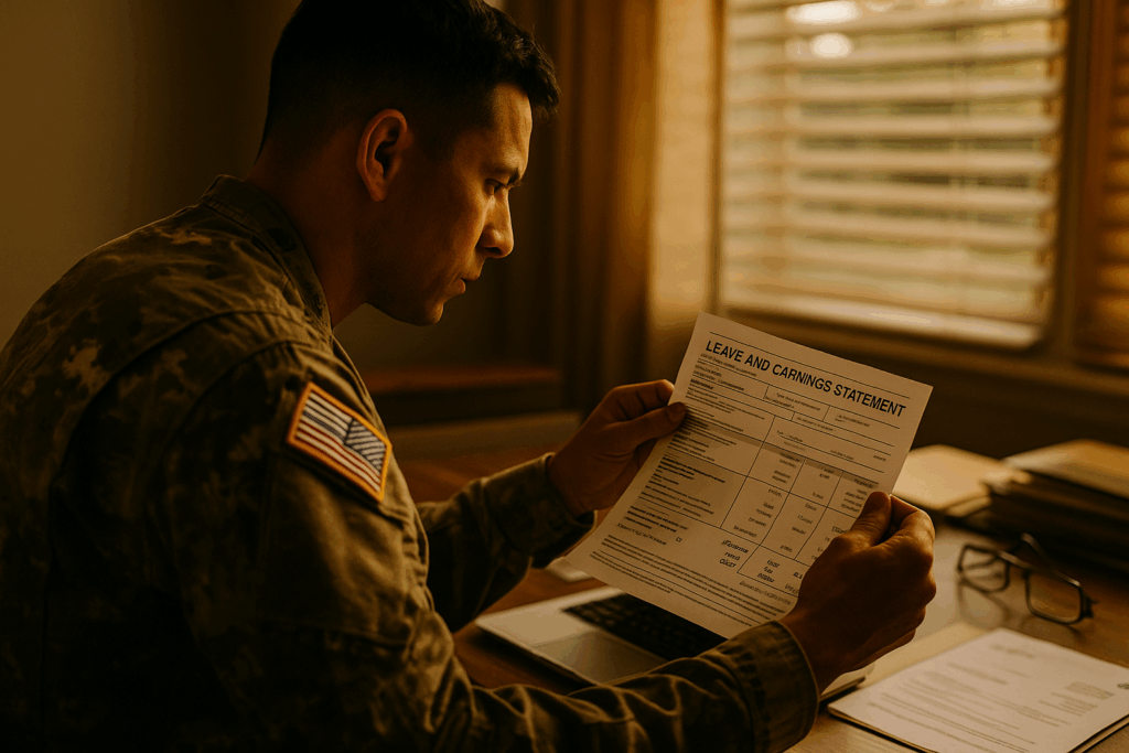 A military service member is seated at a desk, intently reviewing their Leave and Earnings Statement, which details their military pay and benefits under federal and state law. The document includes important information related to their active duty status and potential child support payments, reflecting their service in the United States Armed Forces.