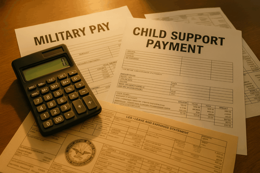 The image shows a calculator alongside military pay documents spread across a desk, highlighting important financial matters for military families, including child support payments and military income. This setup suggests a focus on family law matters, particularly for service members navigating their financial responsibilities while on active duty.