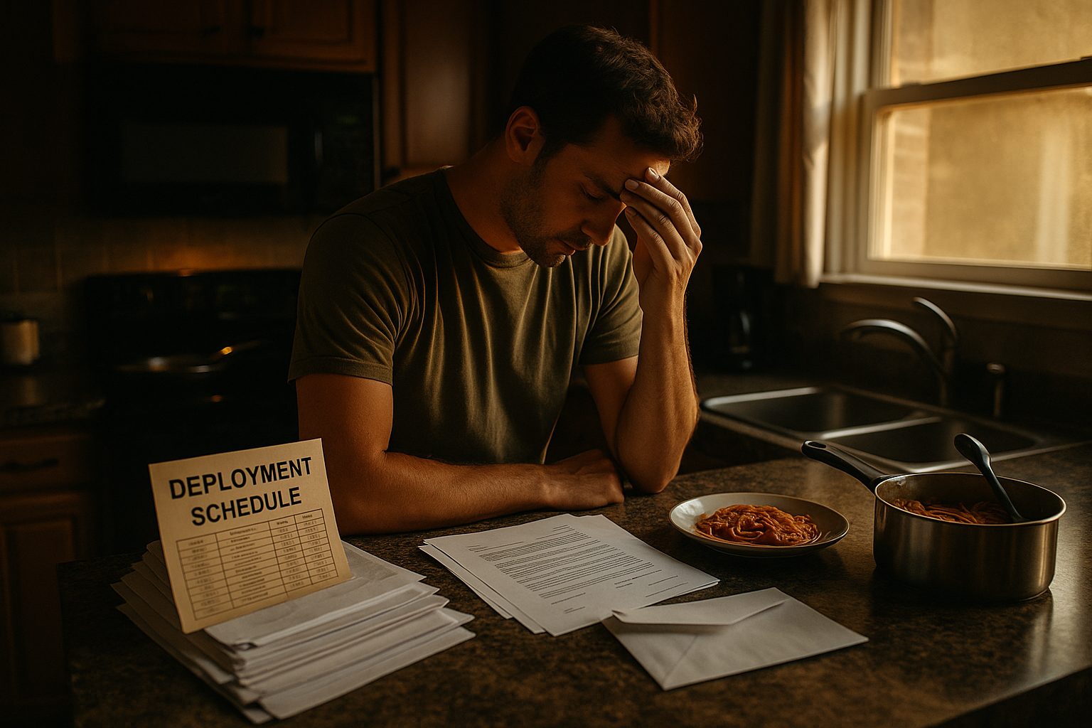 A military parent sits at a kitchen counter at sunset, looking stressed while reviewing bills, paperwork, and a deployment schedule.