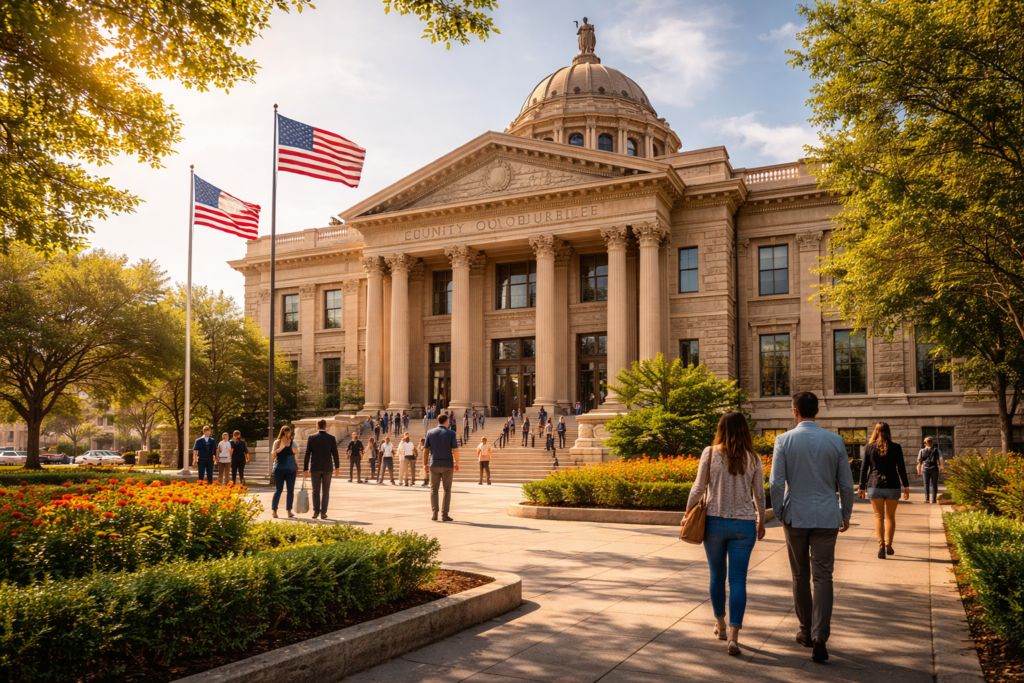 The image depicts the exterior of a Texas county courthouse on a clear day, with people walking along the sidewalk, suggesting a bustling atmosphere where legal matters, such as divorce proceedings and property division, may be discussed under Texas law. The courthouse stands as a symbol of the legal processes involved in divorce in Texas, including issues like spousal support and community property.