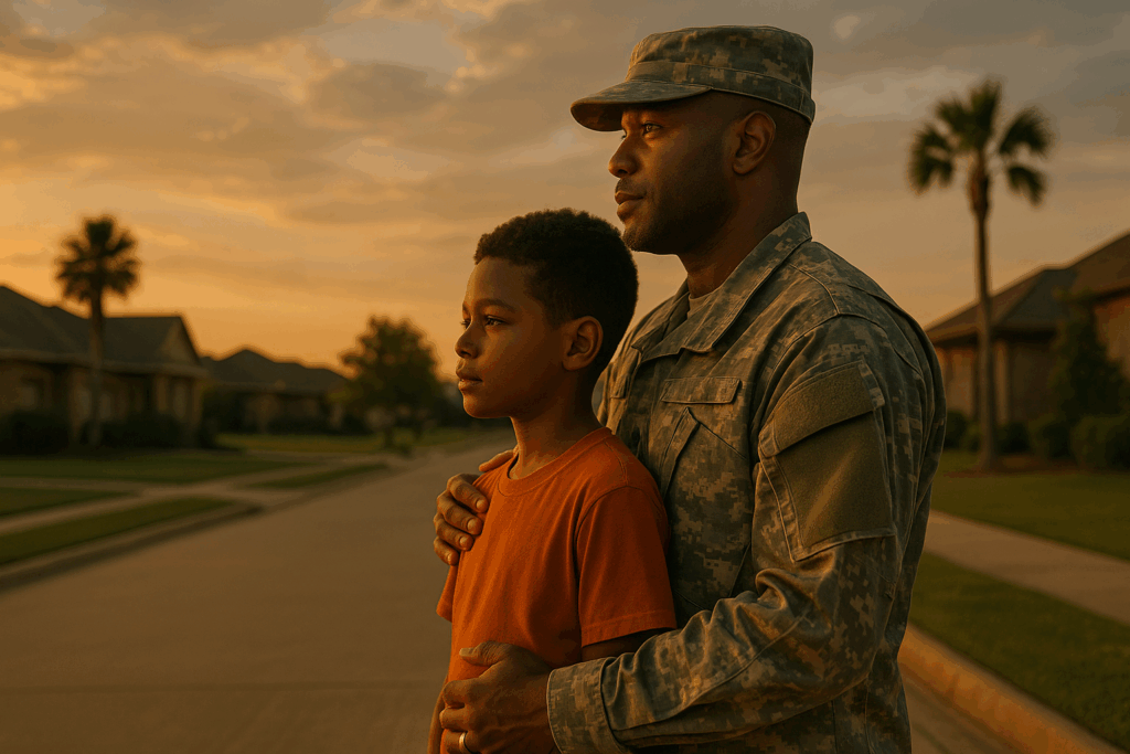 A military father in uniform stands in a quiet suburban neighborhood at sunset, gently holding his young son as they look into the distance, symbolizing the strength and responsibilities military fathers carry under Texas custody laws. What are the rights of military fathers under Texas law