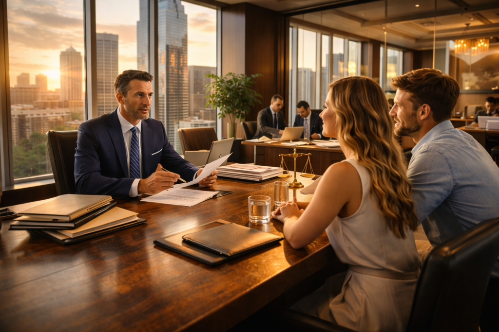 A couple meets with a senior Texas family law attorney in a high-rise conference room overlooking the city skyline, reviewing documents during a professional consultation.