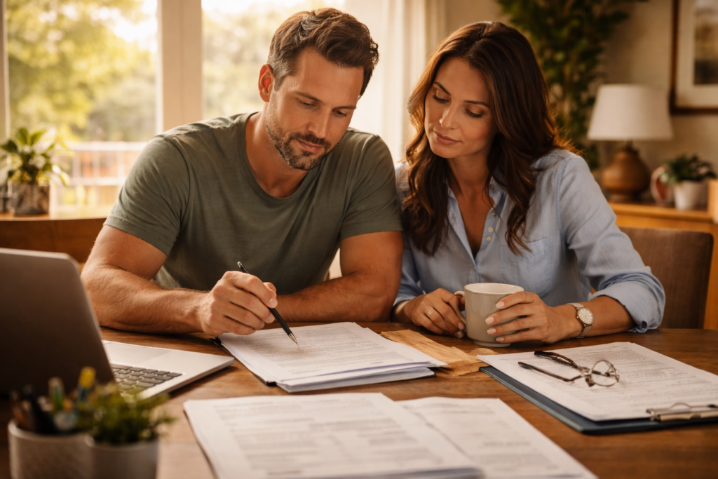 A couple sits together at a desk, reviewing legal documents related to their uncontested divorce in Texas, symbolizing a collaborative approach to the divorce process. The scene highlights the importance of mutual agreement as they prepare their divorce petition and settlement agreement.