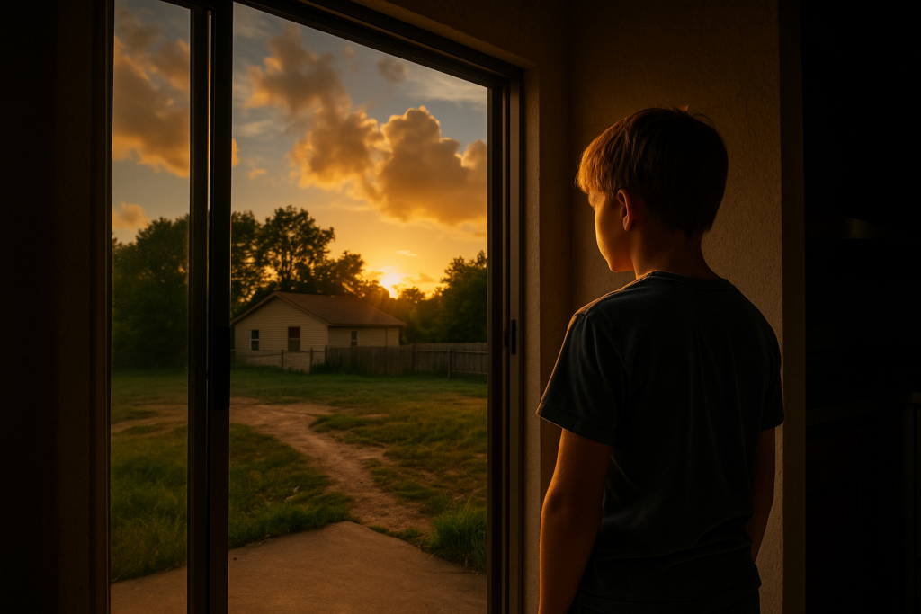A young boy stands inside near a sliding glass door at sunset, looking out toward a small home and yard, symbolizing the impact of unpaid child support on a child’s sense of security and stability.