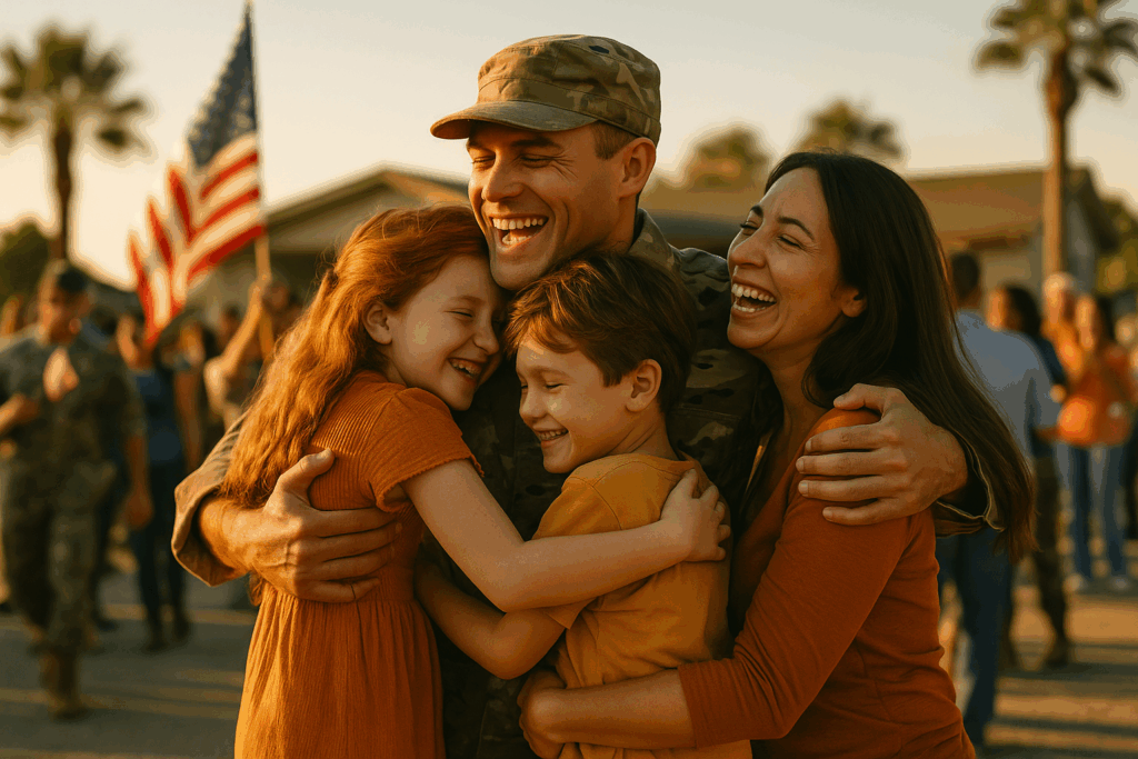 A military family joyfully embraces during a homecoming ceremony, symbolizing the reunification of a deployed parent with their children after military service. This moment highlights the unique challenges faced by military families, including child custody arrangements and the emotional impact of military deployment on their child's life.