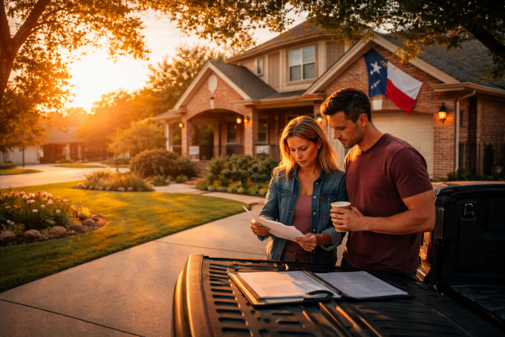 A couple reviewing paperwork together in the driveway of a suburban Texas home at sunset, reflecting a recent move and residency considerations.