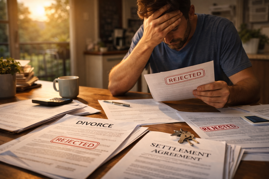 A stressed individual is seated at a desk, surrounded by rejected legal paperwork, including divorce forms and a marital settlement agreement. The person appears frustrated as they review the documents related to child custody, spousal support, and community property, indicating the complexities involved in their divorce process.