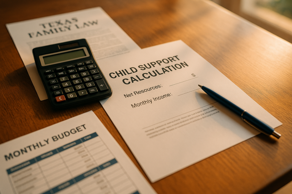 The image features a calculator, financial documents, and a pen arranged neatly on a wooden desk, symbolizing the process of calculating child support payments in Texas. This scene reflects the importance of understanding net resources and monthly income when determining child support obligations under Texas family law.