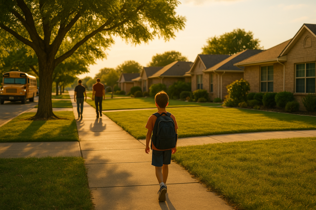 A young boy wearing a backpack walks down a sunlit Texas suburban street in summer, symbolizing how divorce and child support issues affect children’s daily stability.