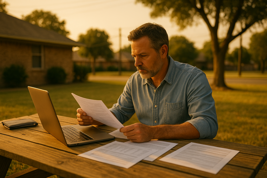 A middle-aged self-employed man sits at an outdoor picnic table in a Texas suburban neighborhood during golden-hour summer light, reviewing financial documents beside his laptop—symbolizing the challenges of calculating child support for self-employed parents in Texas.