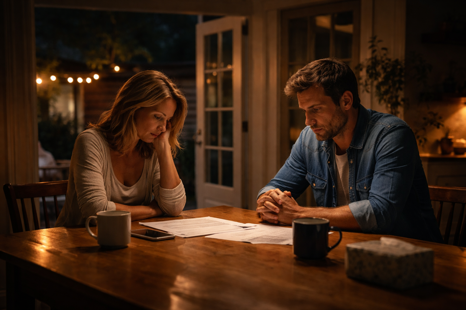 A married couple sits quietly at a kitchen table late at night, reviewing papers together during a calm but serious divorce conversation.