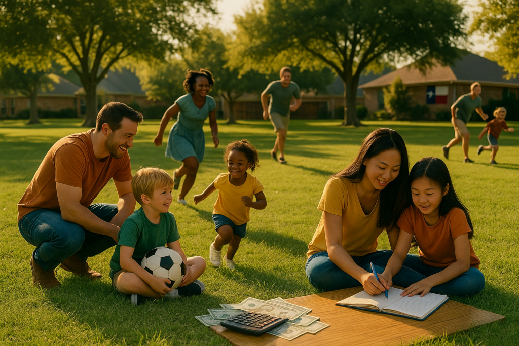 The image depicts a variety of Texas families, showcasing children of different ages participating in activities such as playing, studying, and enjoying outdoor fun. This scene highlights the importance of child support in Texas, as families navigate their obligations and ensure the well-being of their children.
