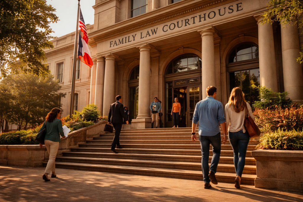 The image shows a family law courthouse in Texas, with several people walking up the entrance steps, likely heading to file divorce papers or attend a hearing regarding child custody or spousal support. The building represents a place where legal matters related to family relationships, such as marital settlement agreements and community property disputes, are addressed.