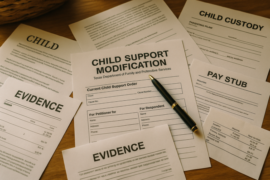 The image shows a cluttered desk with various legal documents and paperwork related to child support arrangements, along with a pen, suggesting a focus on the court process for modifying existing child support orders in Texas. The documents may include forms and evidence necessary for the modification petition, reflecting the complexities of child support payments and custody arrangements.
