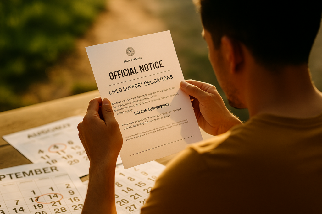 The image depicts a person reading an official government notice regarding child support obligations, with calendar pages showing important deadline dates for payments. This notice highlights the potential legal consequences, including license suspensions, for missed child support payments as mandated by the Texas family code.