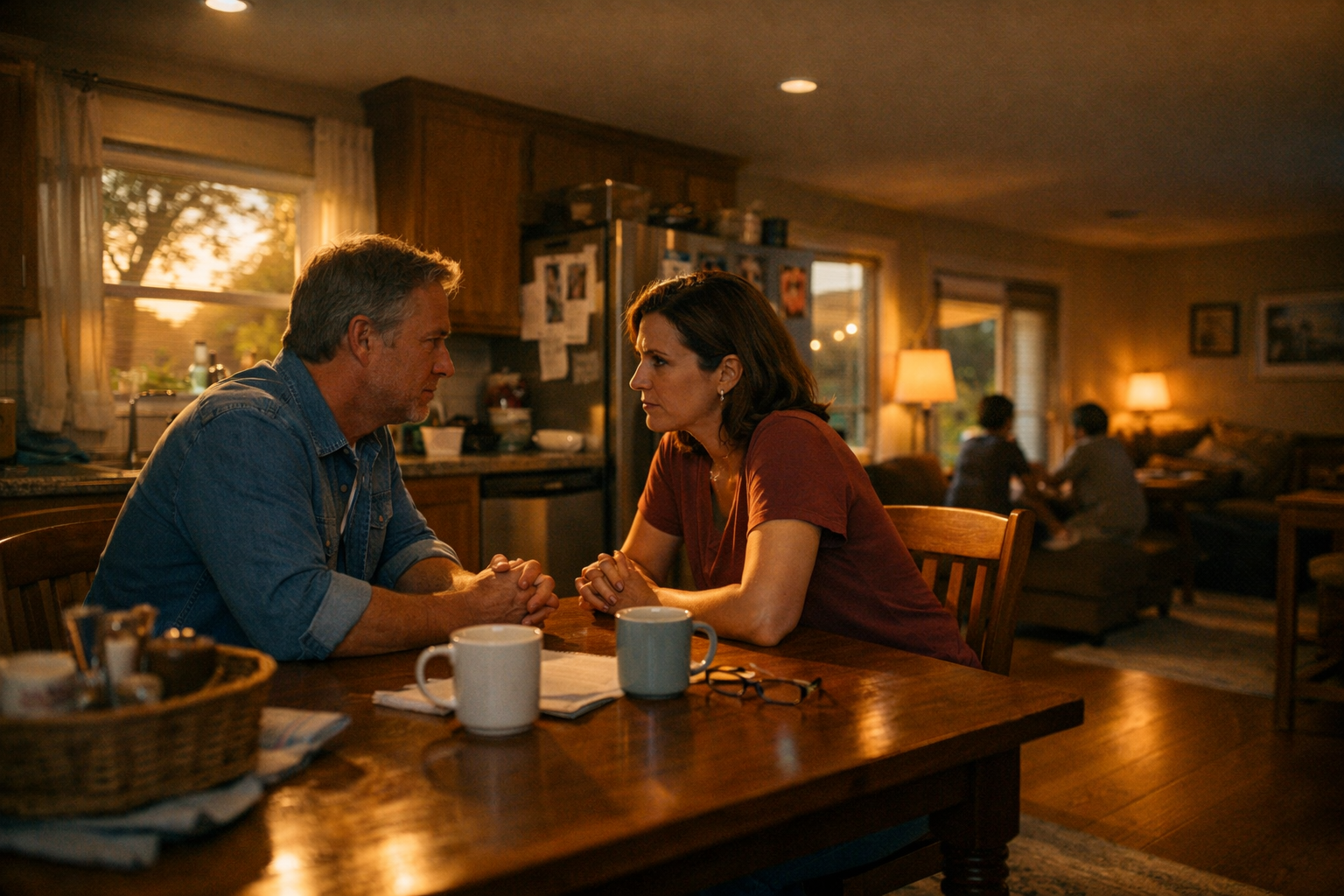 A middle-aged Texas couple sitting at their kitchen table during a quiet summer evening, discussing the steps for uncontested divorce in Texas with calm, respectful communication.