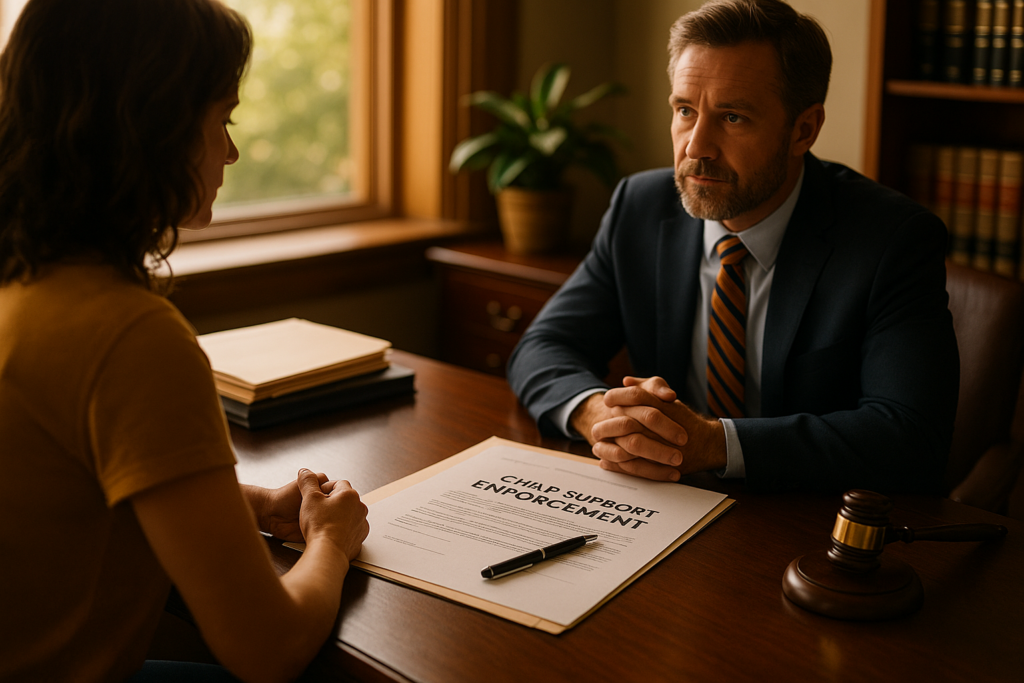 The image depicts a professional consultation scene featuring legal documents on a desk, emphasizing the importance of understanding child support enforcement mechanisms. This setting highlights the role of family law lawyers in navigating child support issues, ensuring compliance with existing child support orders and the court system in Texas.