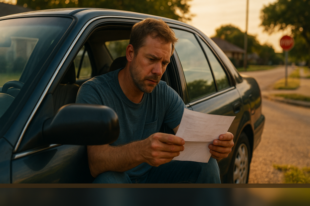 A worried Houston father sits in his car reading a notice about his Texas driver’s license being suspended for unpaid child support.