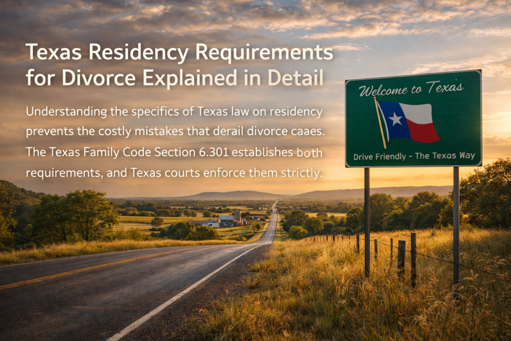 Wide-angle cinematic view of a Texas highway at sunset with a Welcome to Texas sign, symbolizing residency and domicile requirements for filing divorce under Texas law