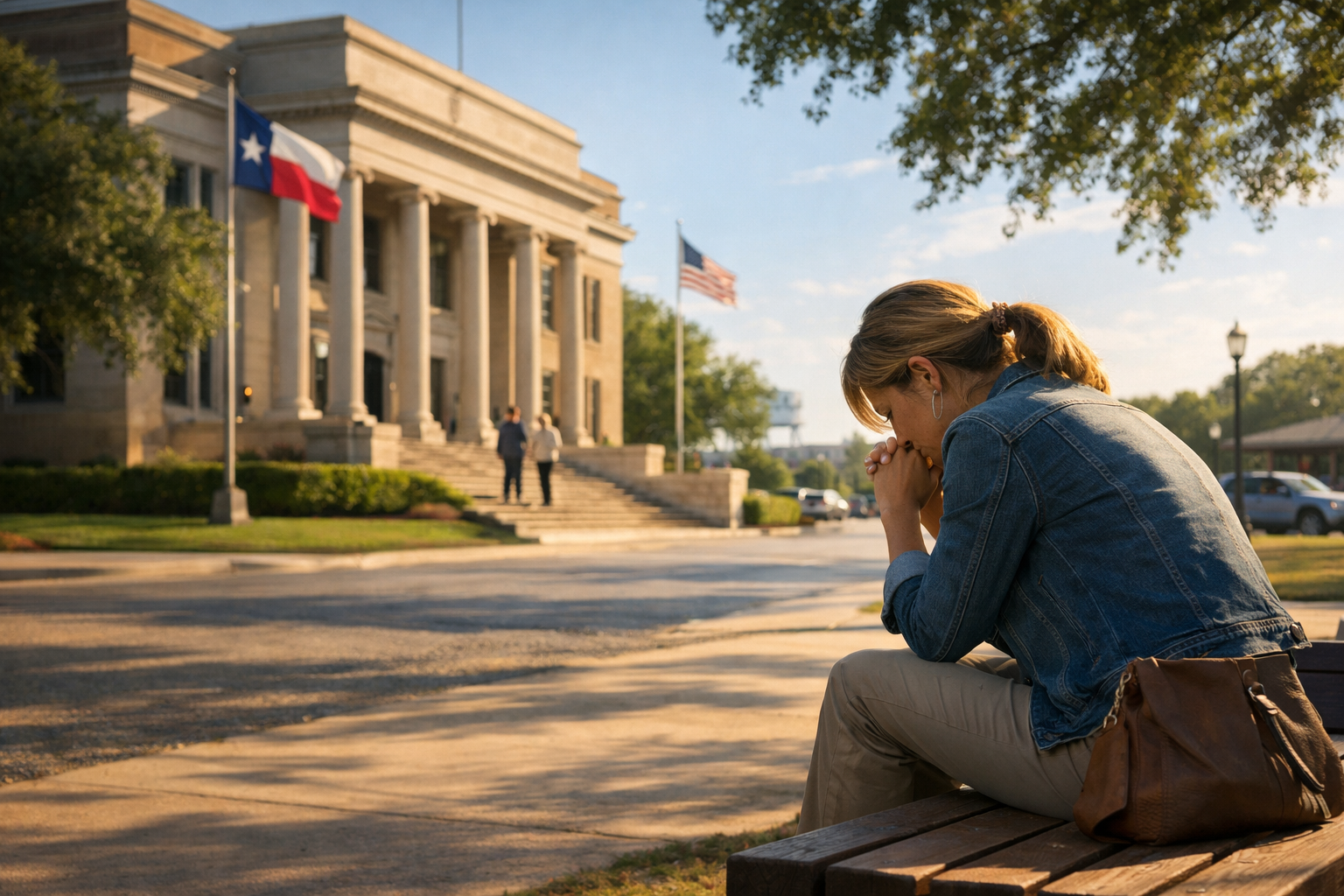 A parent sitting outside a Texas courthouse reflecting after learning about Texas residency requirements for divorce