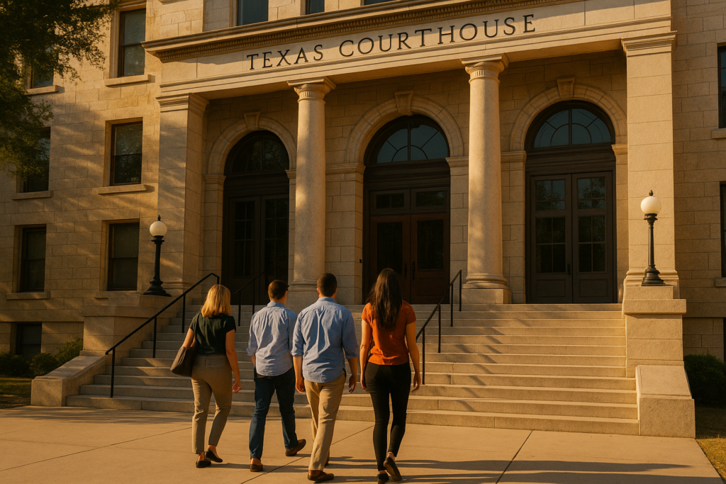 The image depicts a Texas courthouse with a group of people walking up the steps, likely heading to file divorce papers or attend a court hearing related to family law cases, such as an uncontested divorce. The architectural features of the courthouse are prominent, symbolizing the legal process involved in divorce in Texas.