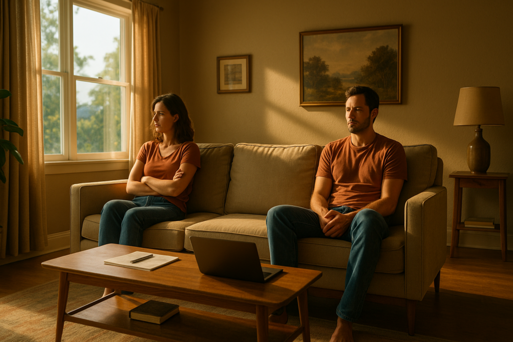 A couple sits quietly on opposite ends of their living room couch on a summer morning, reflecting on their decision to pursue an uncontested divorce in Texas.