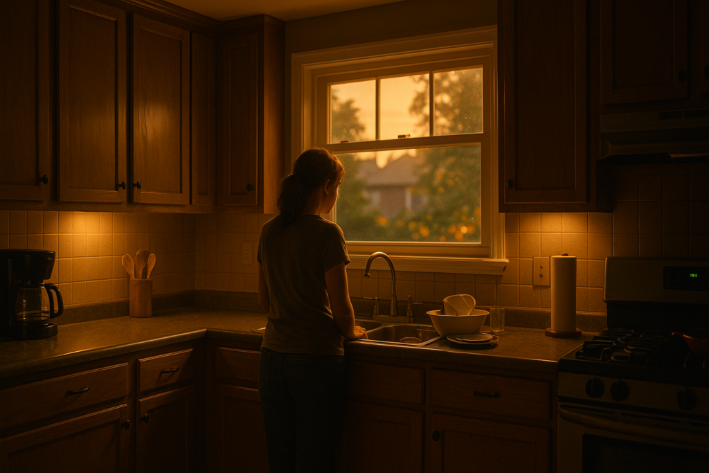 A parent standing alone in a warm, dimly lit kitchen at sunset, reflecting during a difficult moment in the divorce process in Texas.