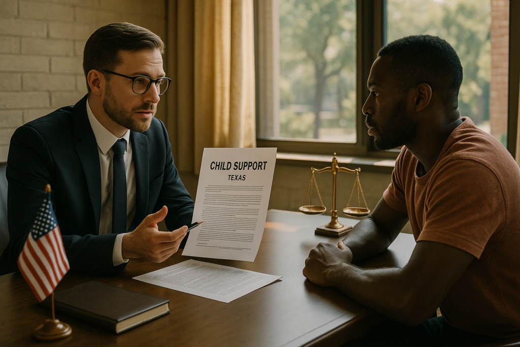 The image depicts a legal consultation between an attorney and a client, where they are discussing child support obligations and the implications of unpaid child support in Texas. The setting suggests a professional atmosphere, emphasizing the importance of understanding child support laws and enforcement for custodial and noncustodial parents.