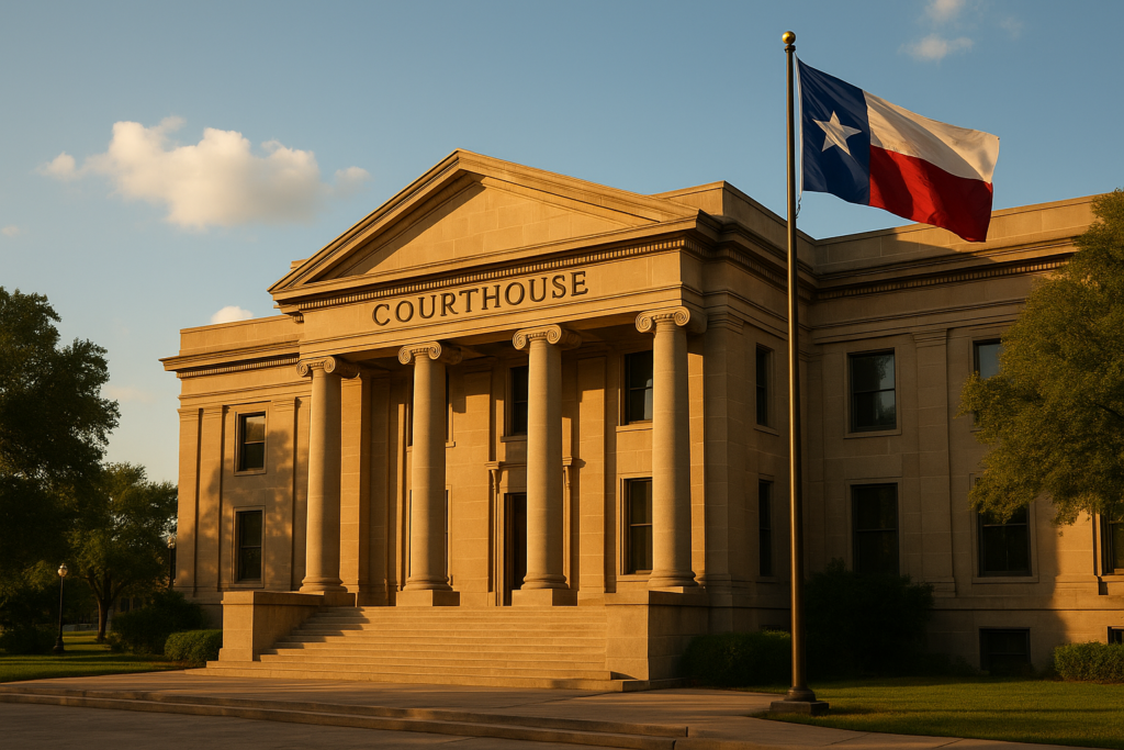 The image depicts a Texas courthouse adorned with the state flag, symbolizing the legal authority behind child support enforcement. This setting represents the court's role in enforcing child support orders and addressing child support issues in accordance with Texas law.
