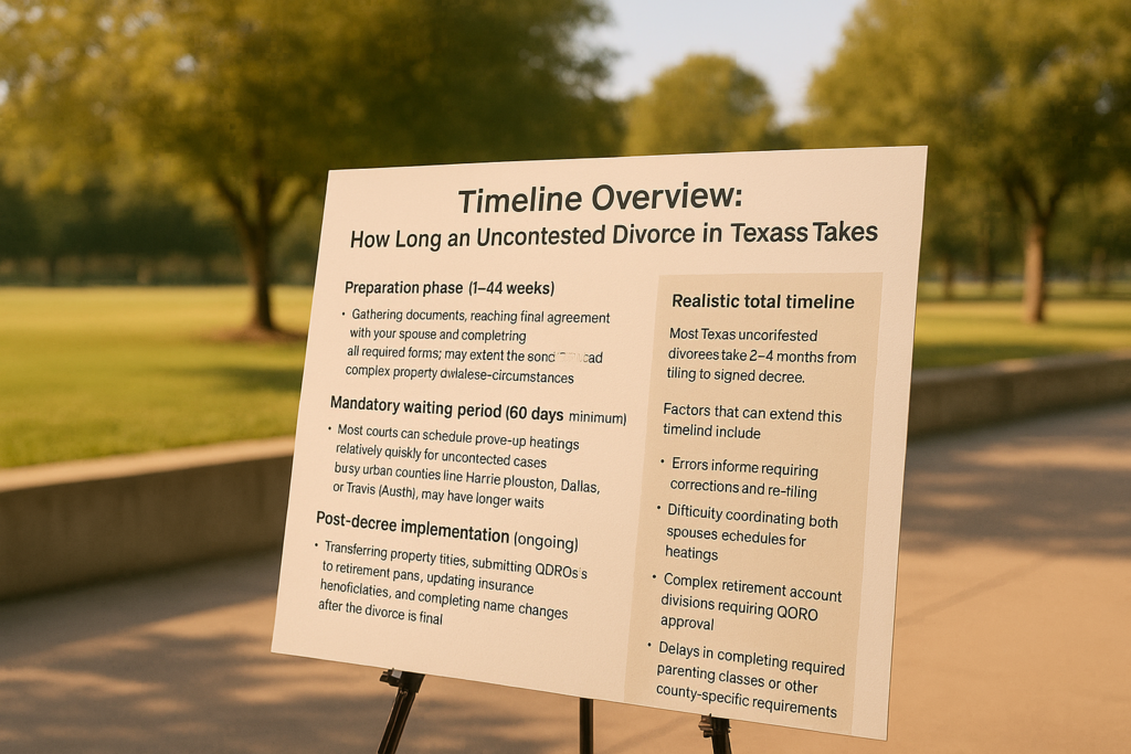 A wide-angle, photo-realistic scene of an outdoor easel displaying a poster titled “Timeline Overview: How Long an Uncontested Divorce in Texas Takes,” set against a sunny park backdrop with trees and warm summer light. The poster outlines the preparation phase, mandatory 60-day waiting period, court scheduling, post-decree implementation, and overall 2–4 month timeline.