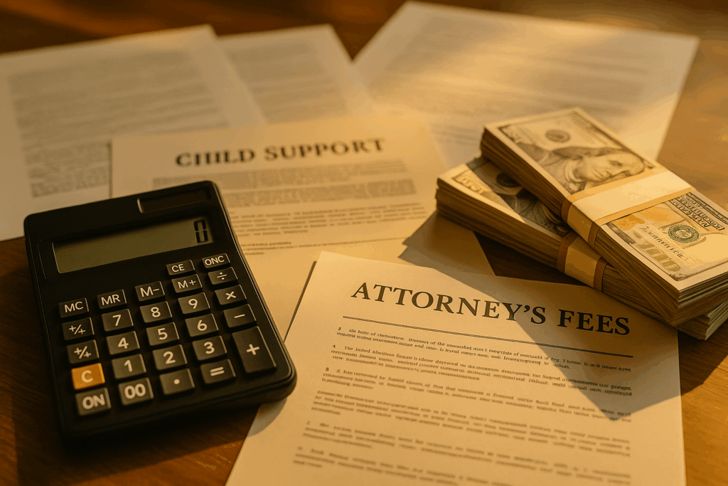 The image depicts a calculator alongside stacks of money and various legal documents on a desk, suggesting a focus on financial aspects related to family law, such as child support and attorney's fees. This setup reflects the complexities of legal representation in child custody and support cases, highlighting the importance of understanding costs like retainer fees and court expenses.
