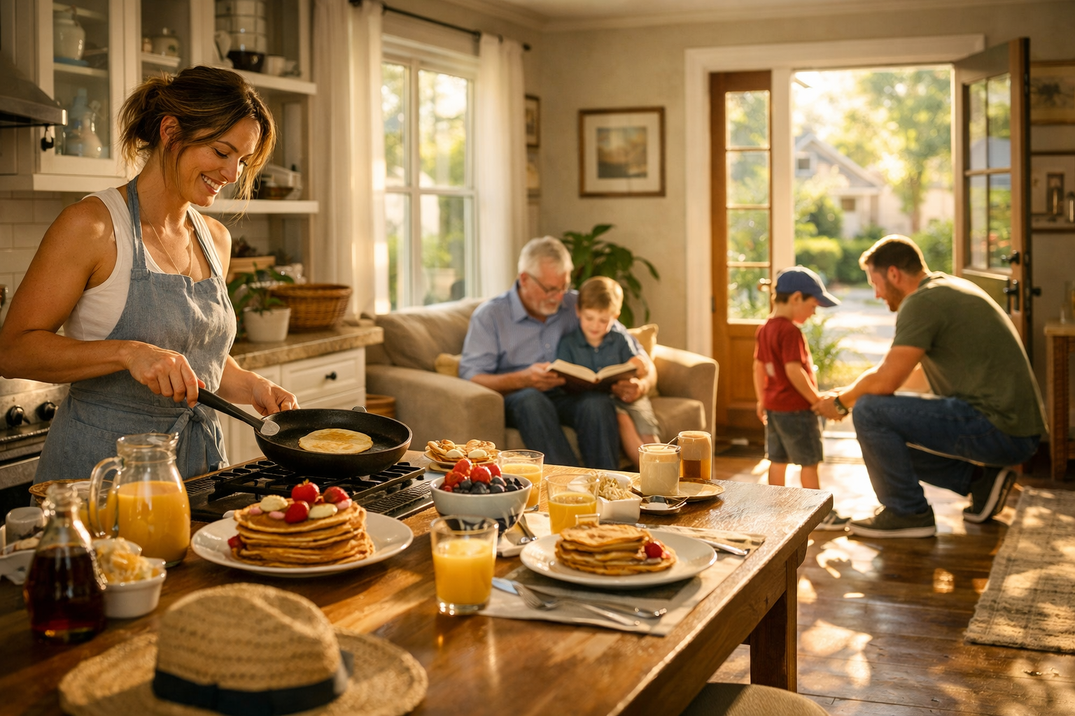 A wide-angle, cinematic photo of a Texas family sharing a peaceful summer morning with pancakes and story time, symbolizing how uncontested divorce agreements can protect a child’s routines and emotional stability.