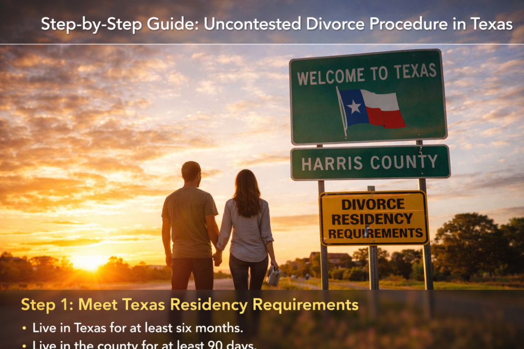 Two people standing together at sunset beside Texas road signs showing Welcome to Texas and Harris County, symbolizing residency requirements for an uncontested divorce in Texas