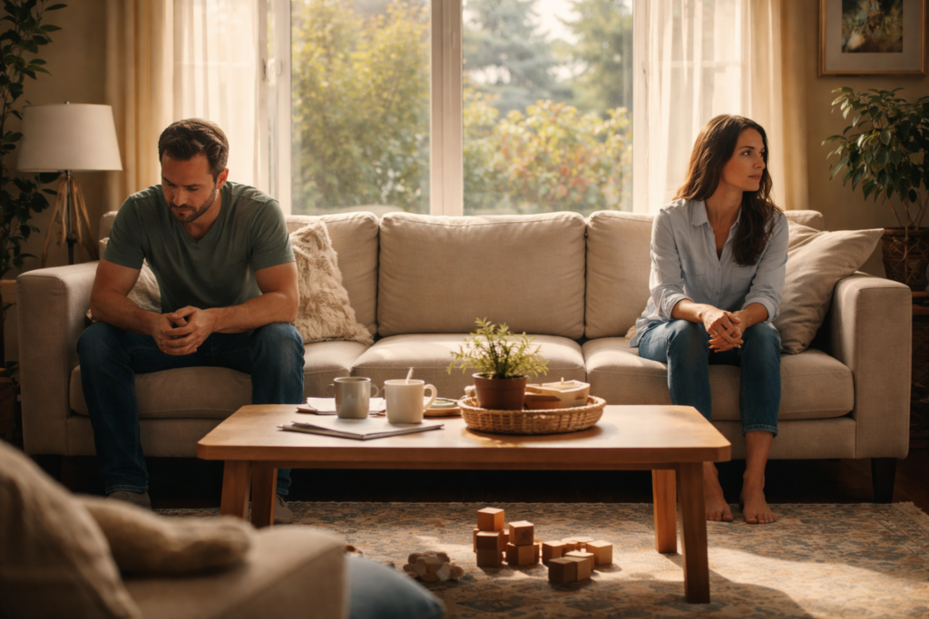Two parents sitting apart on a couch in a calm living room, reflecting on an amicable uncontested divorce in Texas