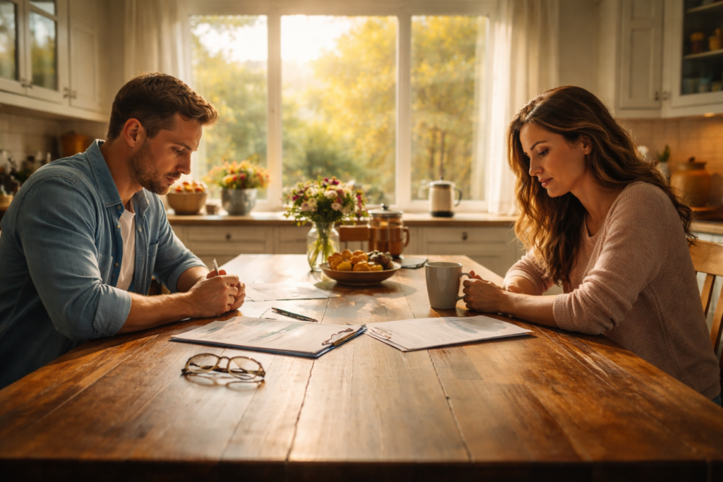 A couple sitting quietly at opposite ends of their kitchen table on a peaceful Sunday morning, reviewing divorce papers as they prepare for an uncontested divorce in Texas.